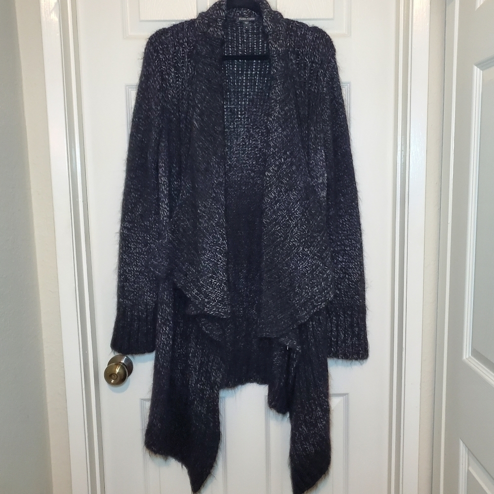 Eileen Fisher Wool Alpaca Cardigan Sweater Open Gray Black Draped Chunky Knit M